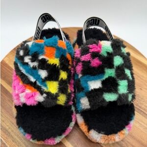 UGG Size 3 Fluff Yeah Multi Color Checkerboard Fur Slides Elastic Sandals   0253
